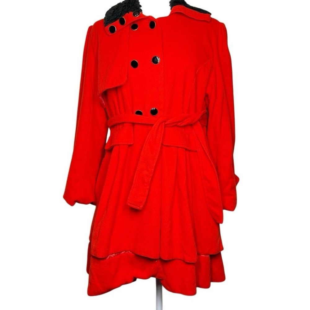 Boutique Yiyiqiao Red Long Sleeve Trench Coat Faux Fur Trim Double Breasted Belt